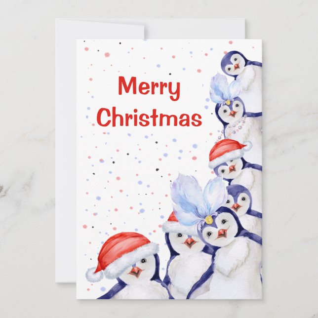 Cartes Pour Fêtes Annuelles Manchots de Noël drôles à l'aquarelle (Devant)