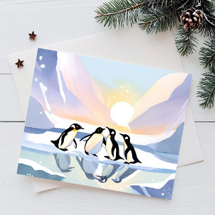 Cartes Pour Fêtes Annuelles Manchots Hiver Aquarelle   Neige et Glace Mignons