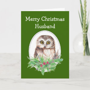 Cartes Pour Fêtes Annuelles Mari de Noël Cute Owl Bird Holly PIne