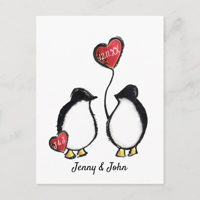 Cartes Pour Fêtes Annuelles Mariage de pingouin Enregistrer la date (Devant)