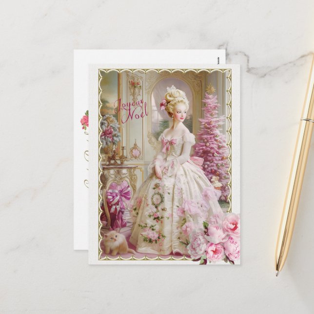 Cartes Pour Fêtes Annuelles Marie Antoinette pink tree Roses cat Christmas  (Devant/Arrière en situation)