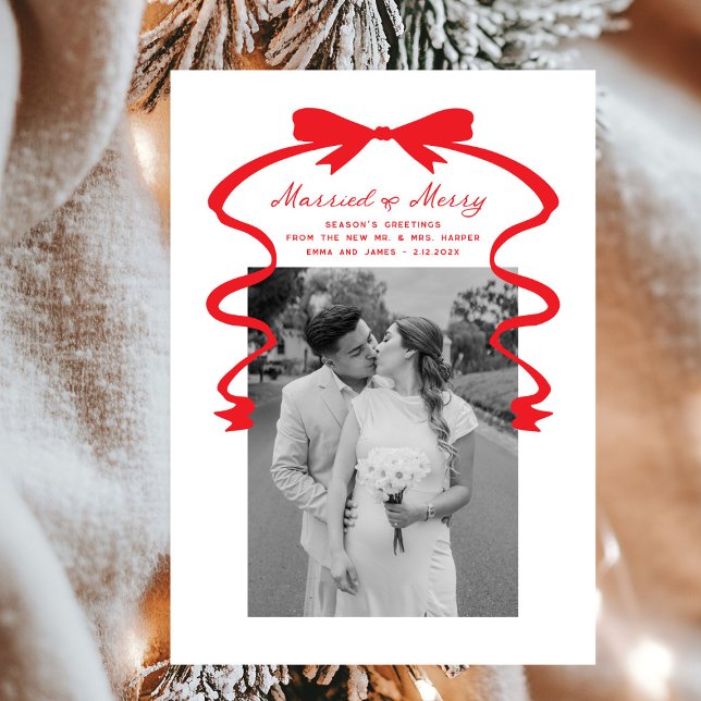 Cartes Pour Fêtes Annuelles Marié et Joyeux Bow Photo Noël Nouveaux mariés (Créateur téléchargé)