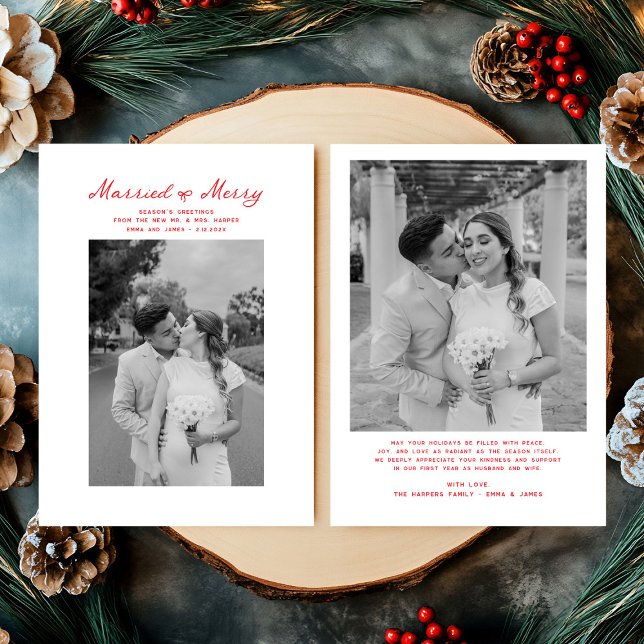 Cartes Pour Fêtes Annuelles Marié et Joyeux Bow Photo Noël Nouveaux mariés (Créateur téléchargé)