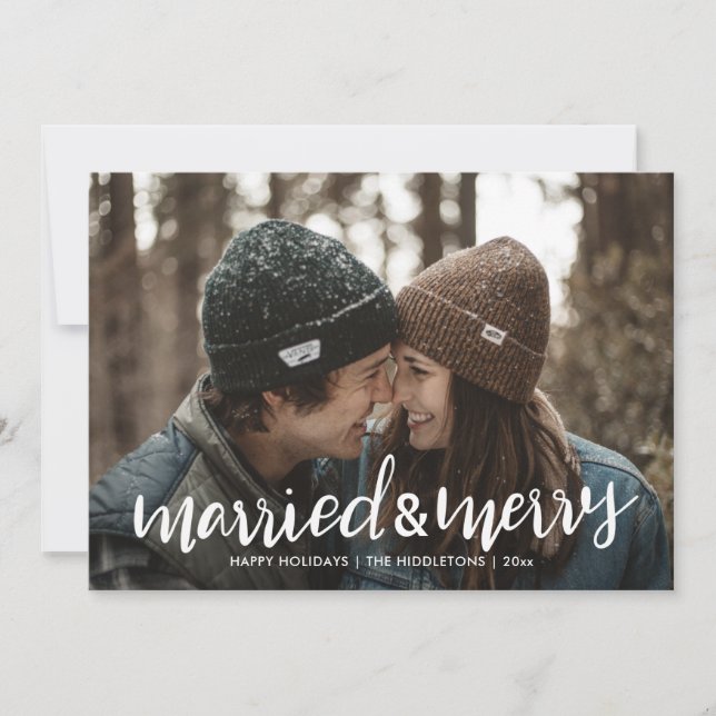 Cartes Pour Fêtes Annuelles Marié Et Joyeux Script Première Photo De Noël (Devant)