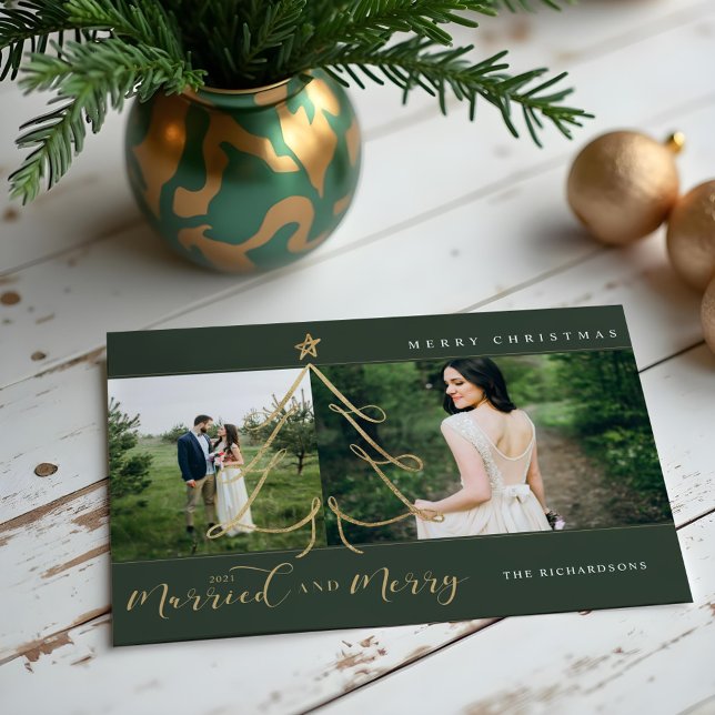 Cartes Pour Fêtes Annuelles Marié & Joyeux Elegant Gold Holiday Tree 2 Photo (Married & Merry Elegant Gold Holiday Tree 2 Photo)