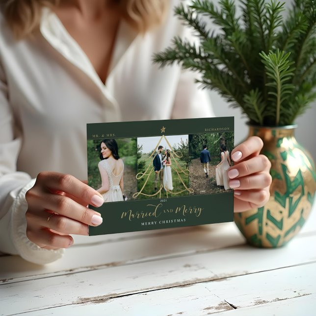 Cartes Pour Fêtes Annuelles Marié & Joyeux Elegant Gold Holiday Tree 3 Photo (Married & Merry Elegant Gold Holiday Tree 3 Photo)
