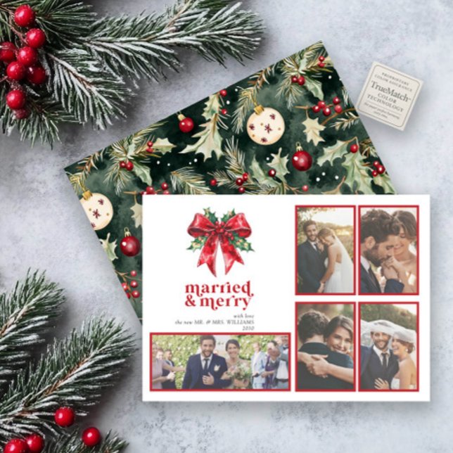 Cartes Pour Fêtes Annuelles Marié & Joyeux Red Bow Holly Newlysée 5 Photo (Créateur téléchargé)