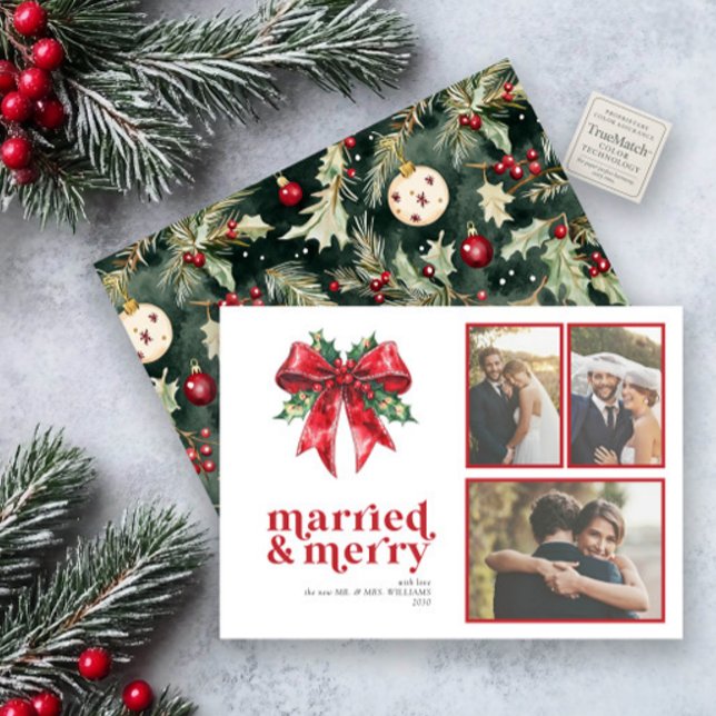 Cartes Pour Fêtes Annuelles Marié & Merry Red Bow Holly 3 photo (Créateur téléchargé)