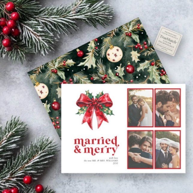 Cartes Pour Fêtes Annuelles Marié & Merry Red Bow Holly Newlyly 4 Photo (Créateur téléchargé)
