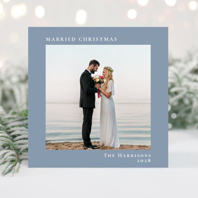 Cartes Pour Fêtes Annuelles Marié Noël 2 Photo Dusty Blue (A beautiful and unique photo card to announce your marriage to family + friends this holiday season)