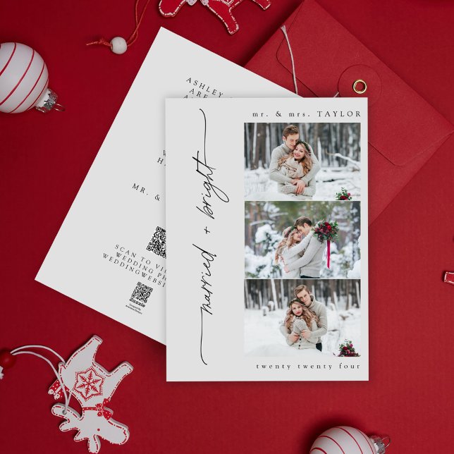 Cartes Pour Fêtes Annuelles Marié récemment marié + Bright First Christmas QR  (Easily personalize this QR code holiday wedding announcement with your photos, website, and message)