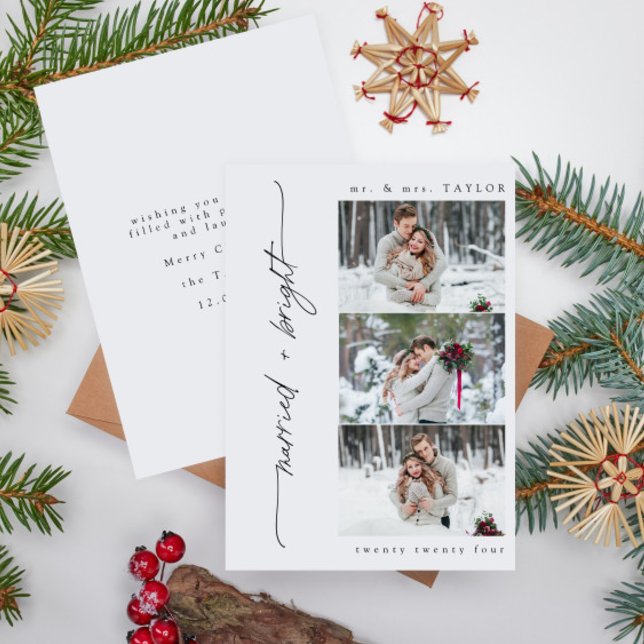 Cartes Pour Fêtes Annuelles Mariée et brillante première photo de Noël (Easily personalize this merry + bright holiday wedding announcement with your photos and details!)