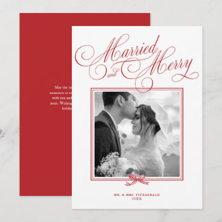 Cartes Pour Fêtes Annuelles Mariés et Joyeux Écriture Élégante Nœud Rouge Phot