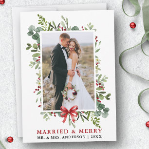 Cartes Pour Fêtes Annuelles Mariés & Joyeux Aquarelle Verdure Nœud Rouge