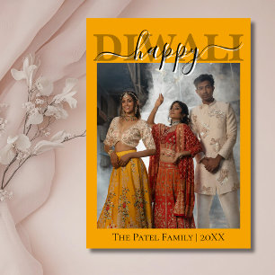 Cartes Pour Fêtes Annuelles Marigold Orange Calligraphie Photo Joyeux Diwali