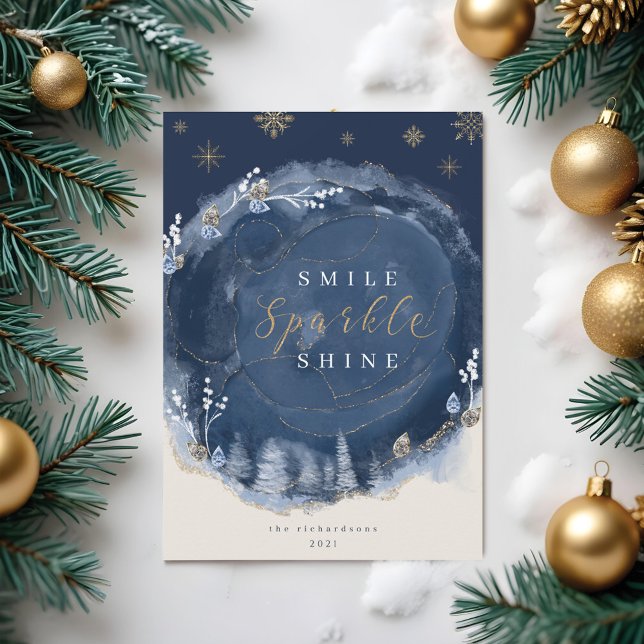 Cartes Pour Fêtes Annuelles Marine Aquarelle Encre et bijoux Nuit d'hiver (Navy Watercolor Ink & Jewels Winter Night Holiday Card)
