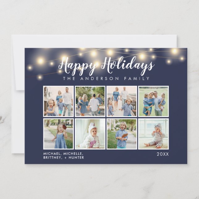 Cartes Pour Fêtes Annuelles Marine Bleu String Lumières Photo Collage Holiday (Devant)
