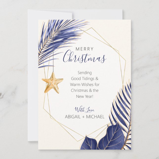 Cartes Pour Fêtes Annuelles Marine Blue Gold Palm Tree Plage tropicale Noël (Devant)