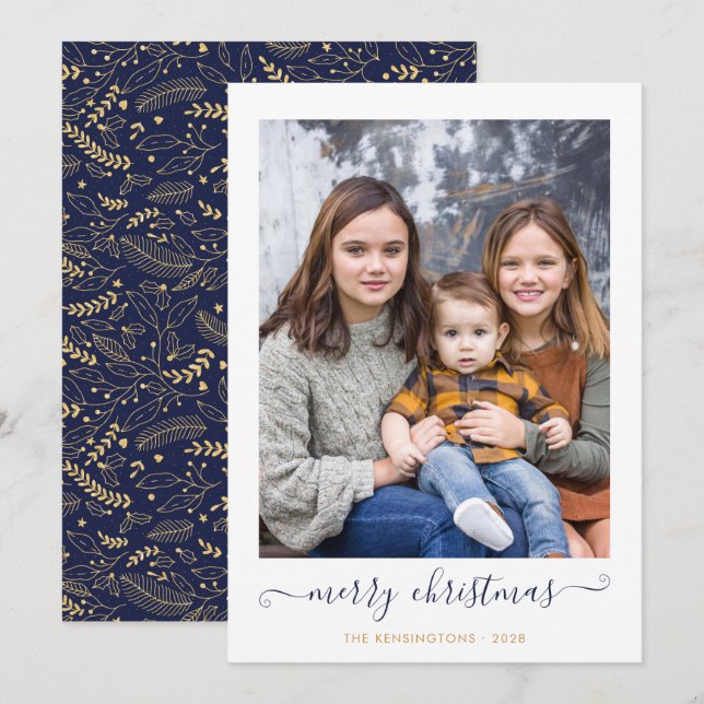 Cartes Pour Fêtes Annuelles Marine Blue Gold Simple Script Joyeux Noël Photo (Devant / Derrière)