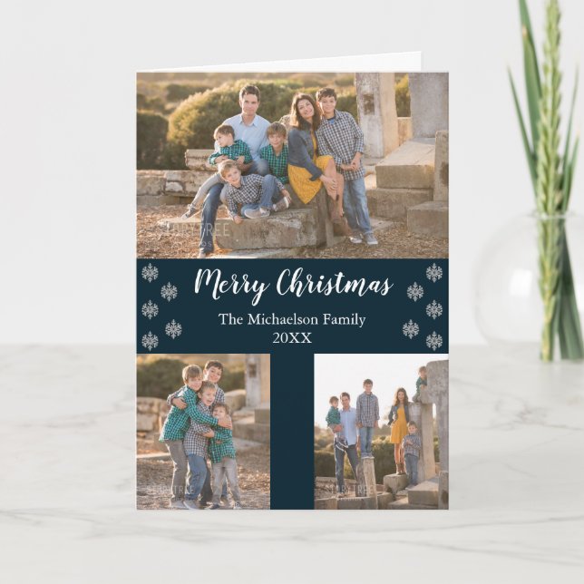 Cartes Pour Fêtes Annuelles Marine Blue Silver Snowflake Noël Collage Photo (Devant)