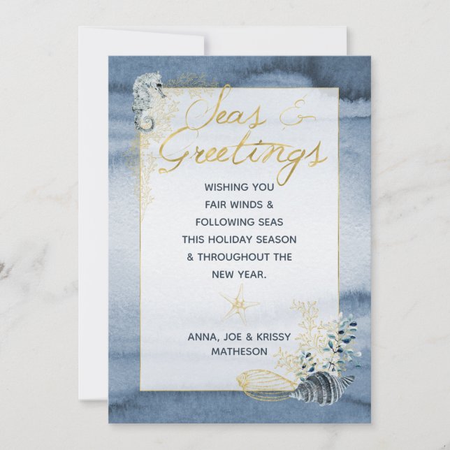Cartes Pour Fêtes Annuelles Marine & Gold Mer Nautique & Salutations Noël (Devant)