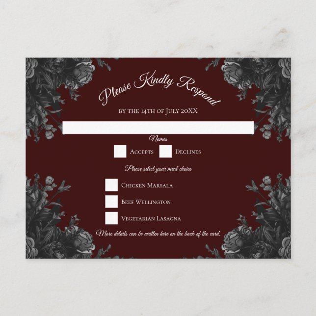 Cartes Pour Fêtes Annuelles Maroon Black Grey Rose Mariage gothique RSVP Répon (Devant)
