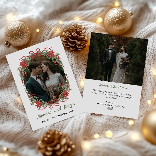 Cartes Pour Fêtes Annuelles Married and Bright Red Bow Photo Christmas (Créateur téléchargé)