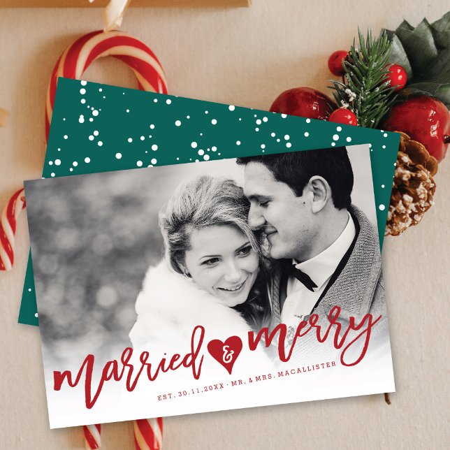 Cartes Pour Fêtes Annuelles Marry & Merry Red Brush Script Mariage photo (Créateur téléchargé)