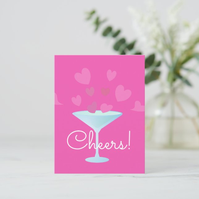 Cartes Pour Fêtes Annuelles Martini Glass et Coeurs roses applaudissent (Debout devant)