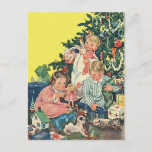 Cartes Pour Fêtes Annuelles Matin de Noël Vintage, Enfants Ouverture Cadeaux