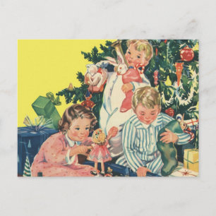 Cartes Pour Fêtes Annuelles Matin de Noël Vintage, Enfants Ouverture Cadeaux