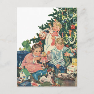Cartes Pour Fêtes Annuelles Matin de Noël Vintage, Enfants Ouverture Cadeaux