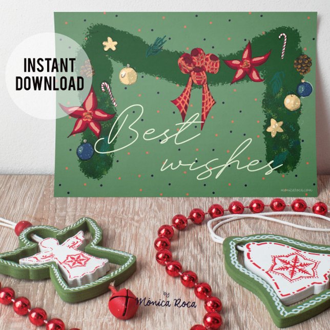 Cartes Pour Fêtes Annuelles Meilleurs vœux. Personnalisable (Christmas greeting with the typical Christmas wreath. Downloadable digital option and printed paper)