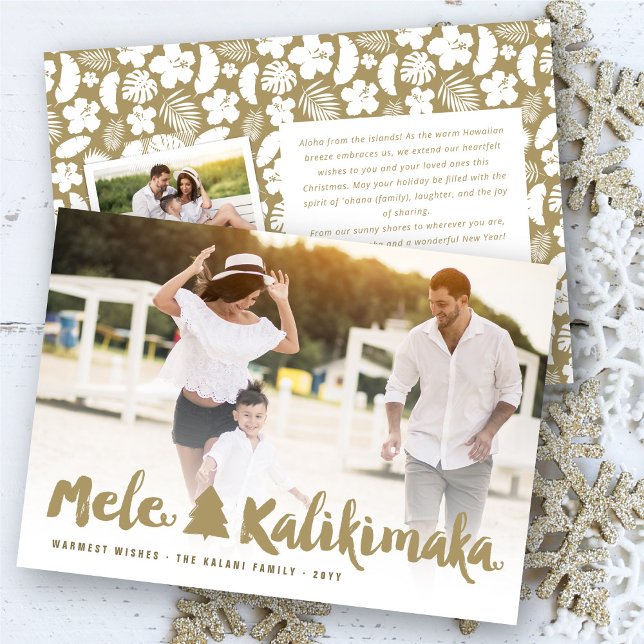 Cartes Pour Fêtes Annuelles Mele Kalikimaka Gold Brush Script Photo de Noël (Créateur téléchargé)