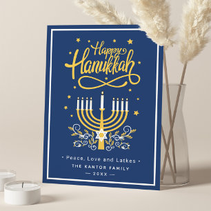 Cartes Pour Fêtes Annuelles Menorah bleu classique et jaune Bonne Hanoukka