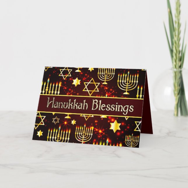 Cartes Pour Fêtes Annuelles Menorah Red & Gold de Hanoukka Blessings (Devant)
