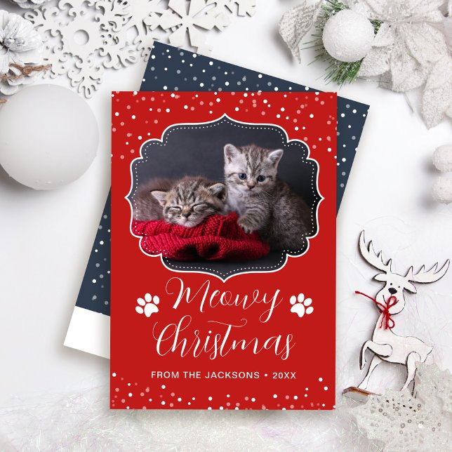 Cartes Pour Fêtes Annuelles Meowny Christmas White Script Pet Cat Photo (Créateur téléchargé)