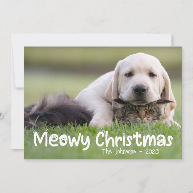 Cartes Pour Fêtes Annuelles Meowy Christmas Chat Chien de famille Photo (Devant)