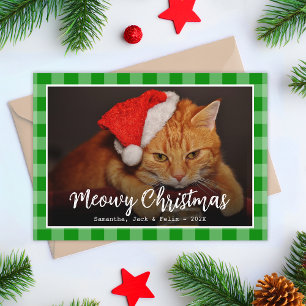 Cartes Pour Fêtes Annuelles Meowy Christmas Chat Photo & Script sur Plaid Vert