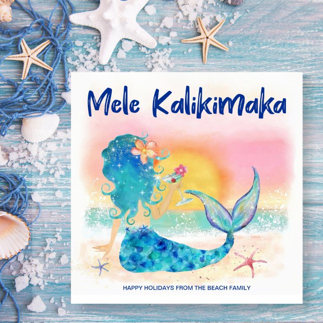 Cartes Pour Fêtes Annuelles Mer de Mermaid | Plage tropicale Mele Kalikimaka (Créateur téléchargé)