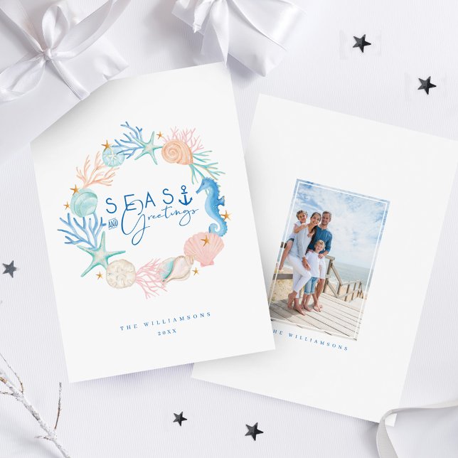 Cartes Pour Fêtes Annuelles Mer et salutations Aquarelle Coquillage Serre (Seas & Greetings Watercolor Seashell Wreath Holiday Card)
