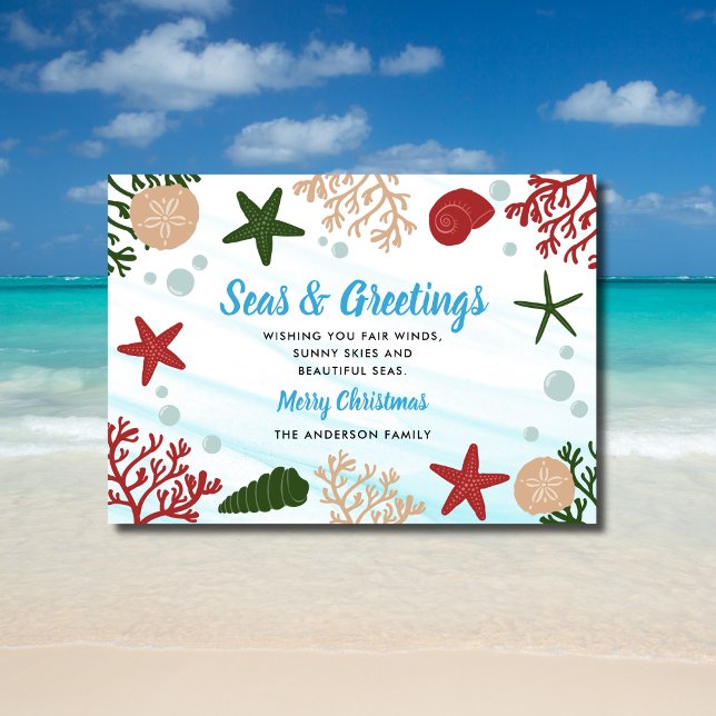 Cartes Pour Fêtes Annuelles Mer et salutations Nautique Océan Bleu Plage (Créateur téléchargé)