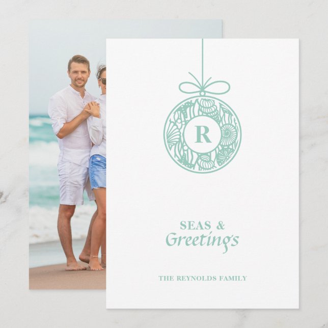 Cartes Pour Fêtes Annuelles Mer et salutations Ornement de Coquillages (Devant / Derrière)