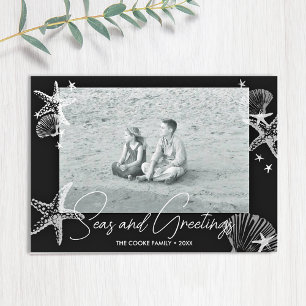 Cartes Pour Fêtes Annuelles Mer et salutations Plage photo noir et blanc