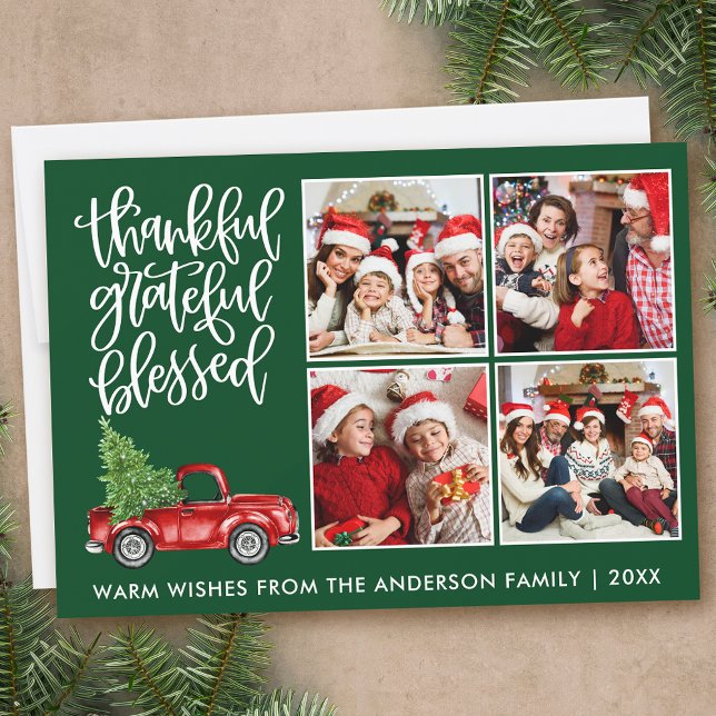 Cartes Pour Fêtes Annuelles Merci Grateful Camion béni 4 Photo Vert (Customize to add more text or photos to back of card.)