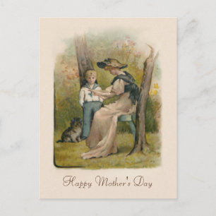 Cartes Pour Fêtes Annuelles Mère vintage et son fils avec chiot