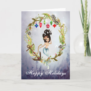 Cartes Pour Fêtes Annuelles Mermaid and Sea Life Christmas Wreath Beach