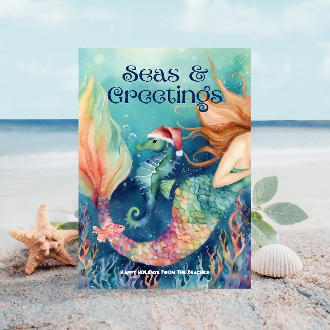 Cartes Pour Fêtes Annuelles Mermaid & Seahorse Père Noël Beach Noël (Créateur téléchargé)