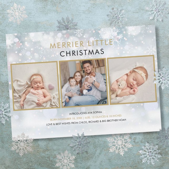 Cartes Pour Fêtes Annuelles Merrier Little Christmas Photo Neige Naissance (Merrier Little Christmas Snow Photo Birth Holiday Card)