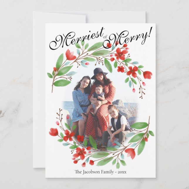 Cartes Pour Fêtes Annuelles Merriest rouge et vert aquarelle Noël Photo (Devant)